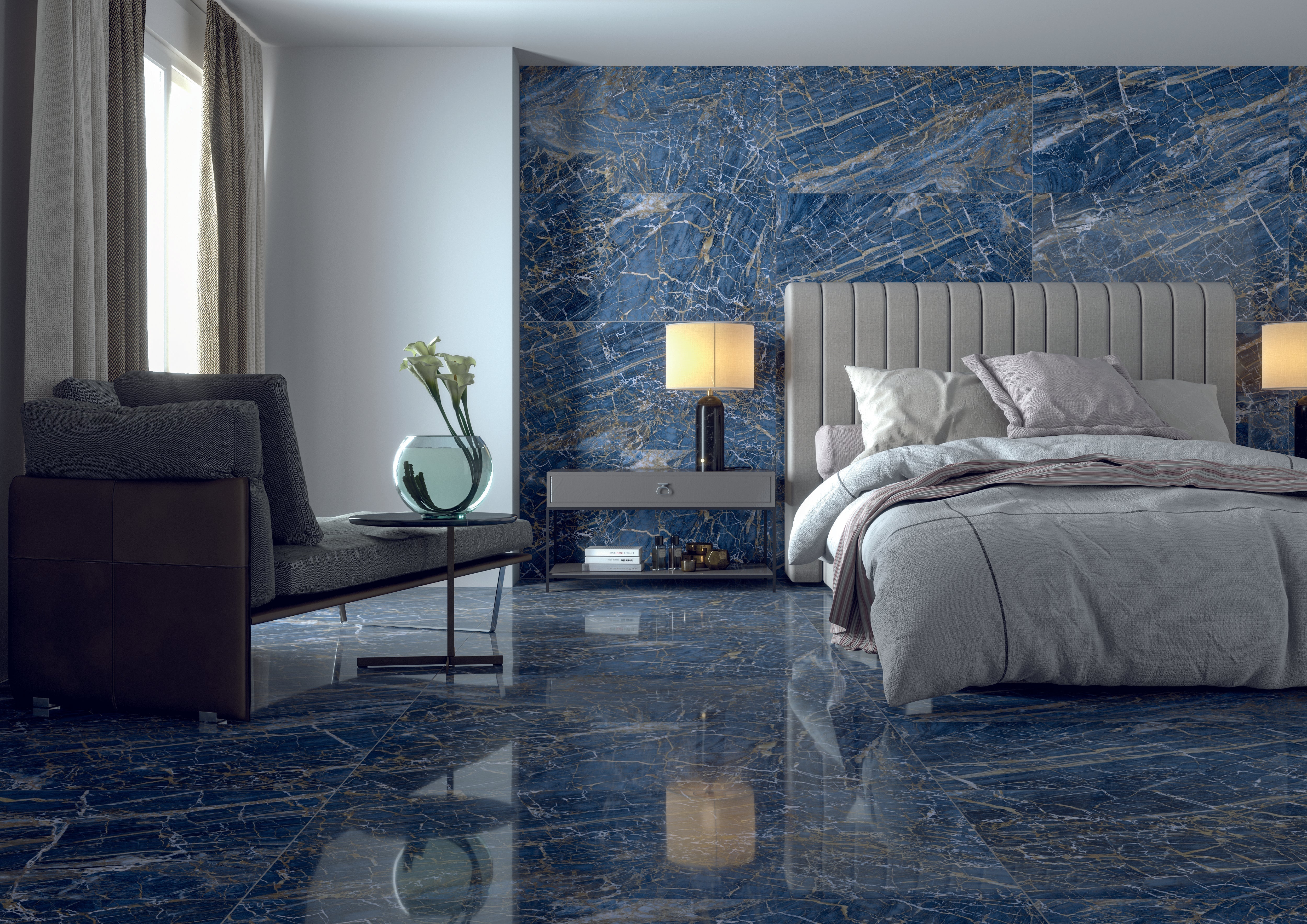 Rektifikované hrany na dlažbě v ložnici