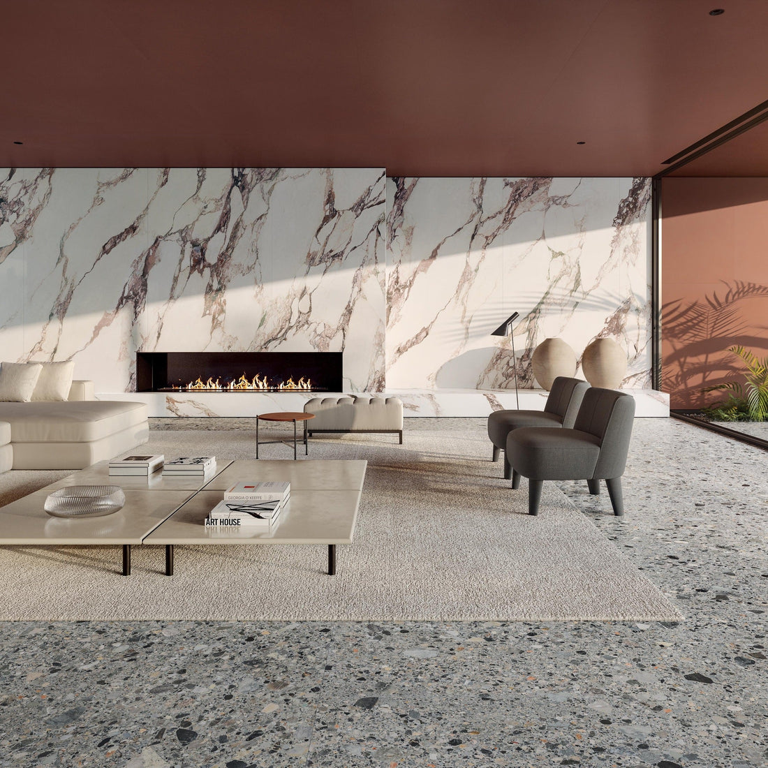 Velkoformátová dlažba s 3D dekorem kamene v obývacím prostoru s podlahovým vytápěním