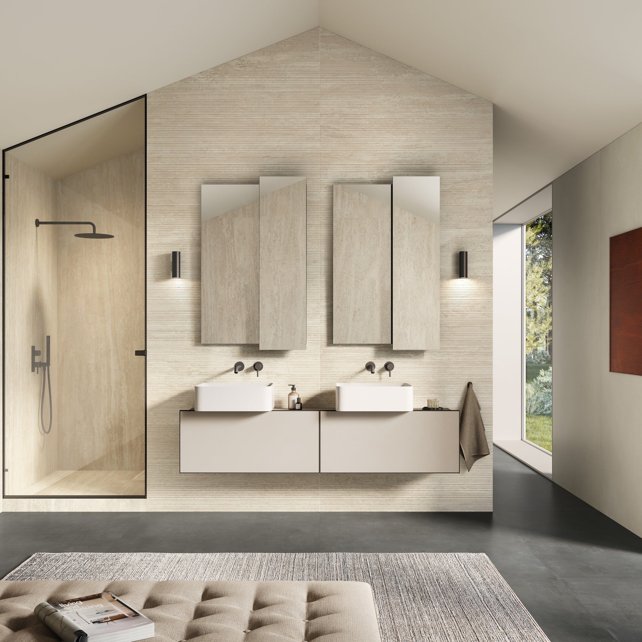 Koupelna se vorem travertinu , obložená svépomocí z formátu 60x120cm