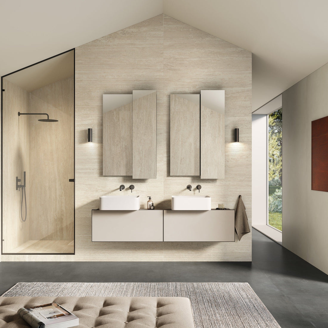 Koupelna se vorem travertinu , obložená svépomocí z formátu 60x120cm 