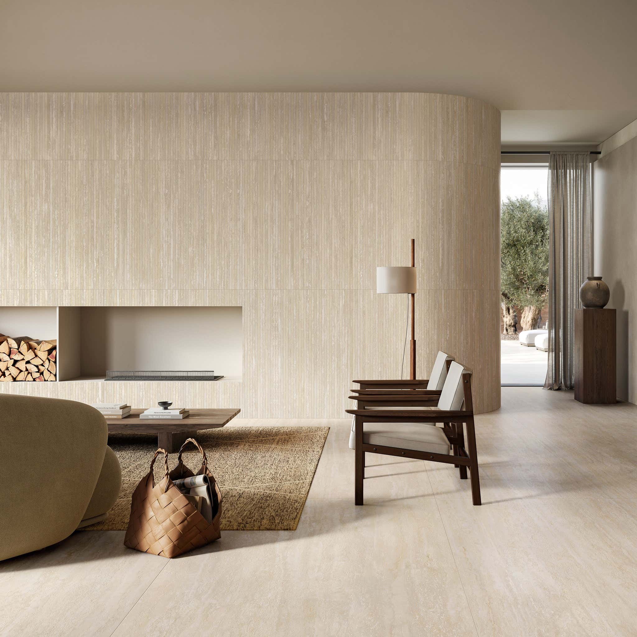 Interiér jídelny – stěny v Beige Vein Cut Ribbed, podlaha Beige Cross Cut