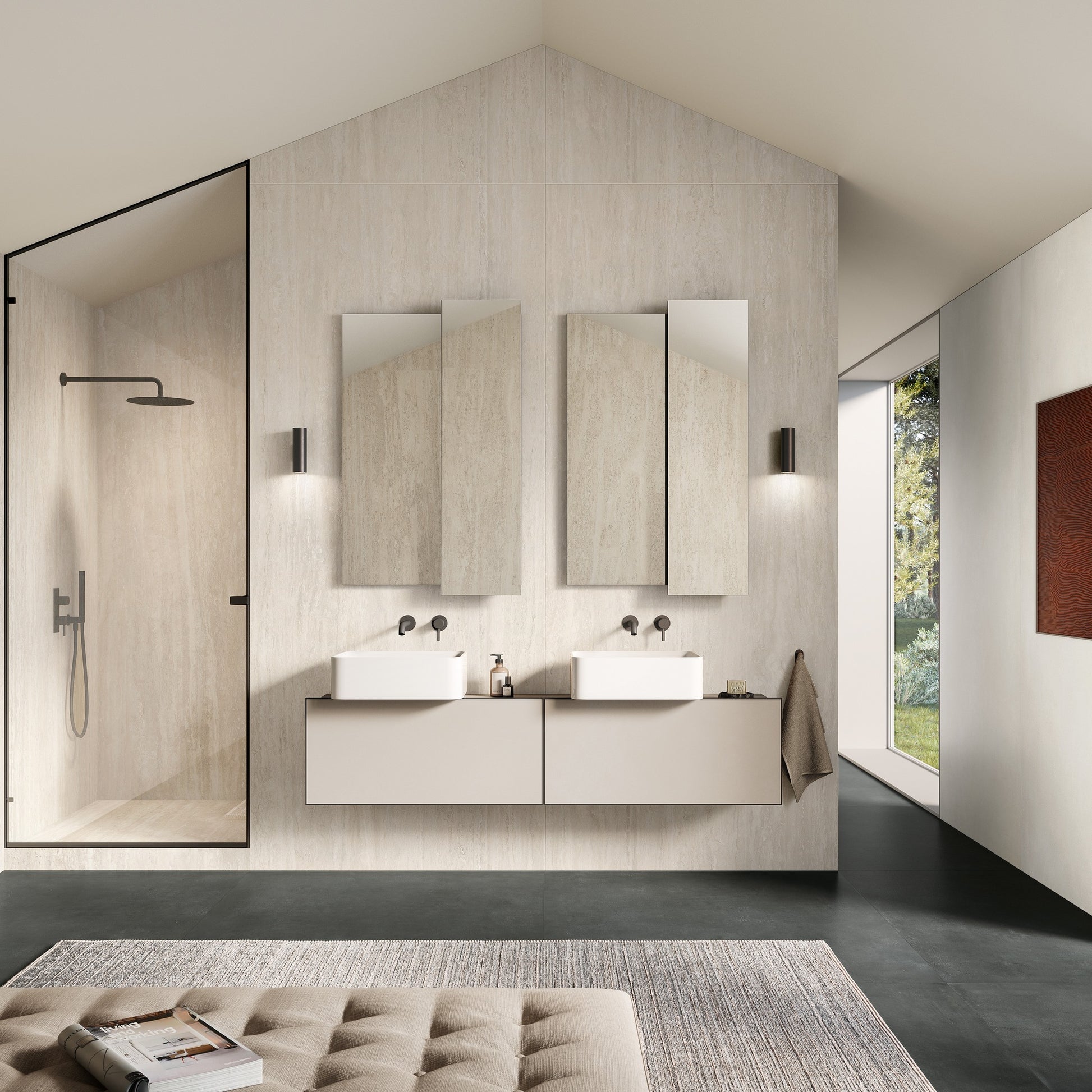 Interiér ložnice – stěna Bianco Vein Cut 60×120, podlaha Bianco Cross Cut