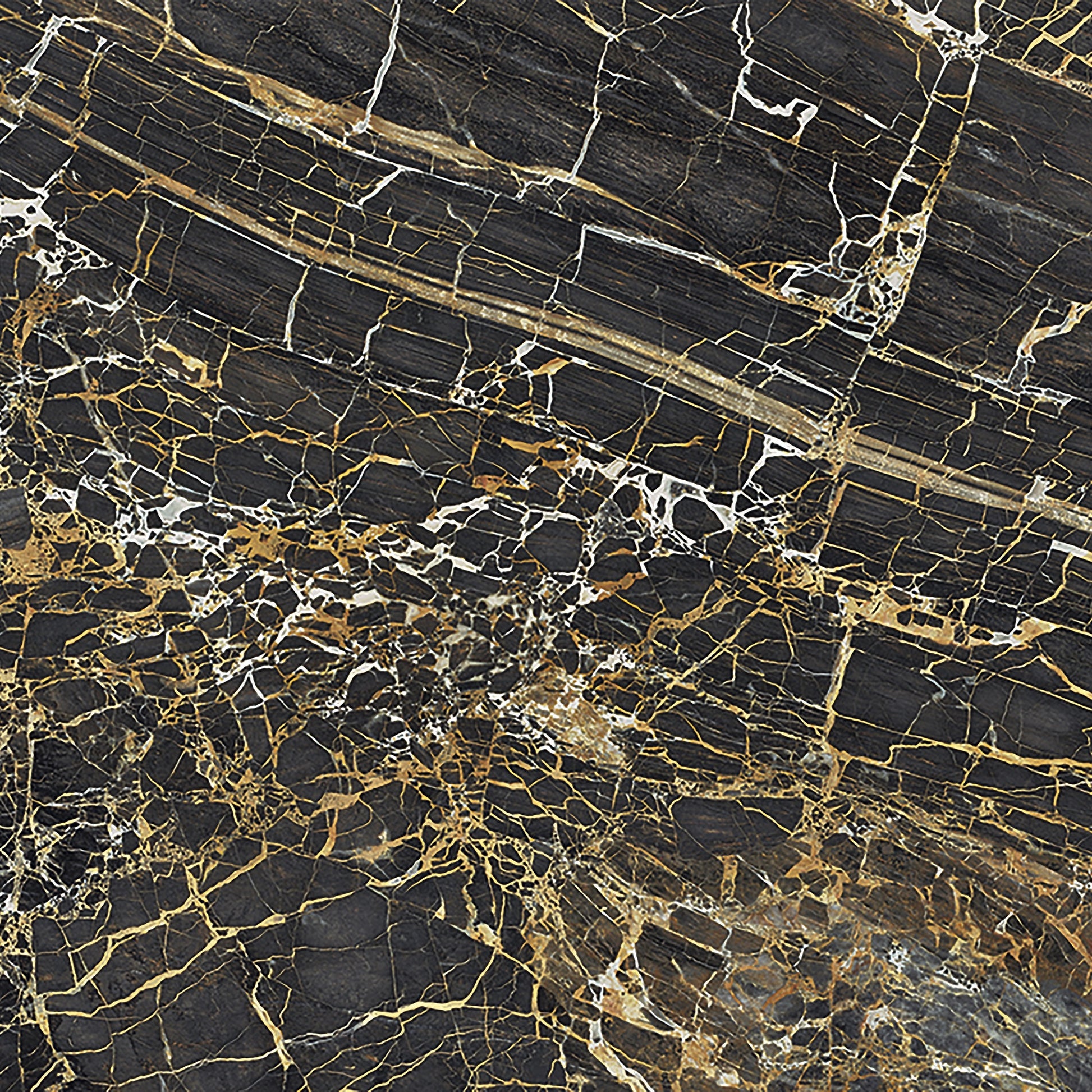 Zblízka struktura velkoformátové dlažby Golden Black – černý mramorový dekor se zlatým žilkováním