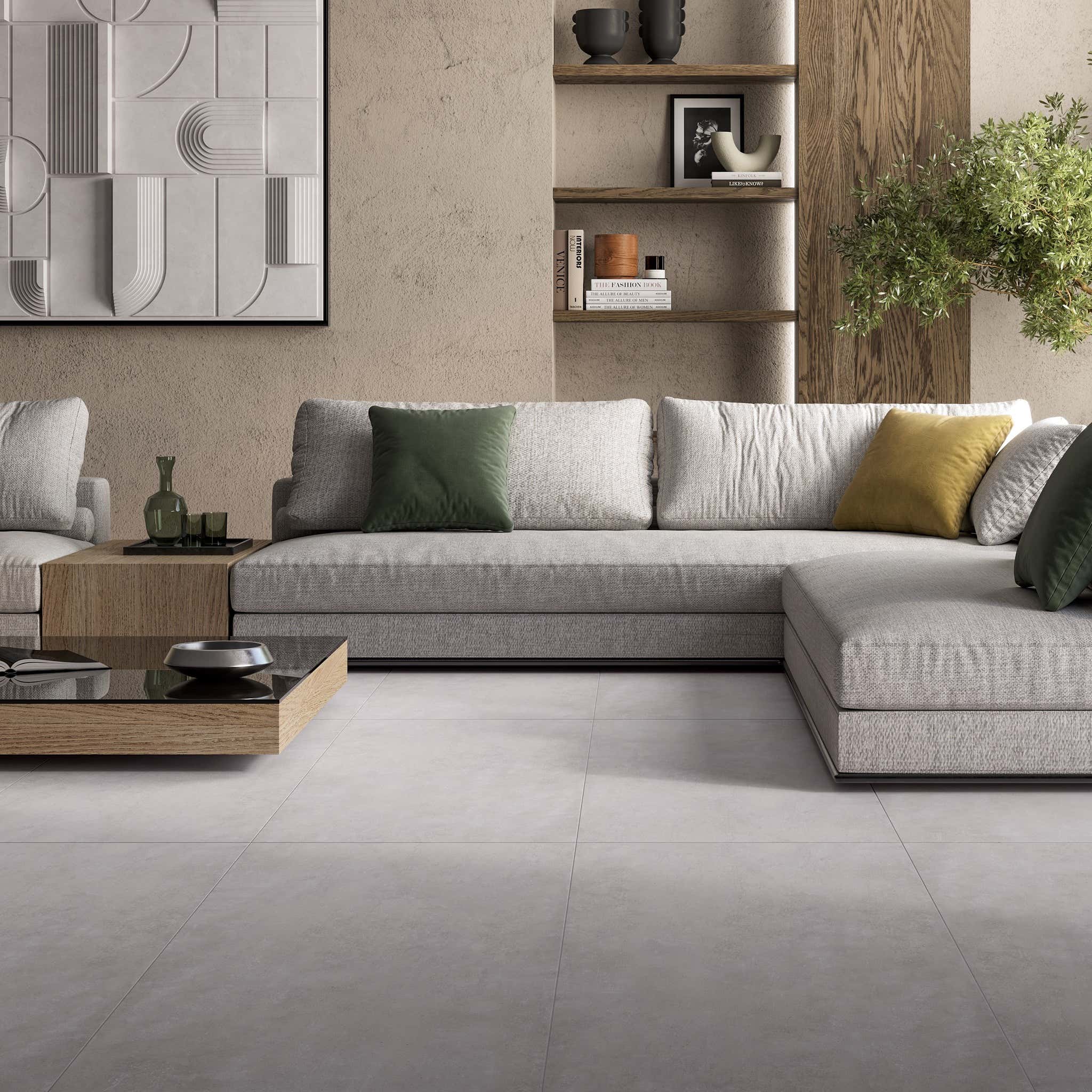 minimalistický obývací pokoj se světle šedou dlažbou od dlažby.net