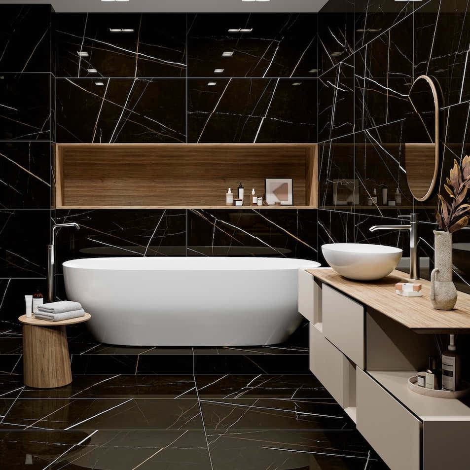 Porcelánová dlažba Sahara Noir – moderní interiér černý mramor i do koupelny