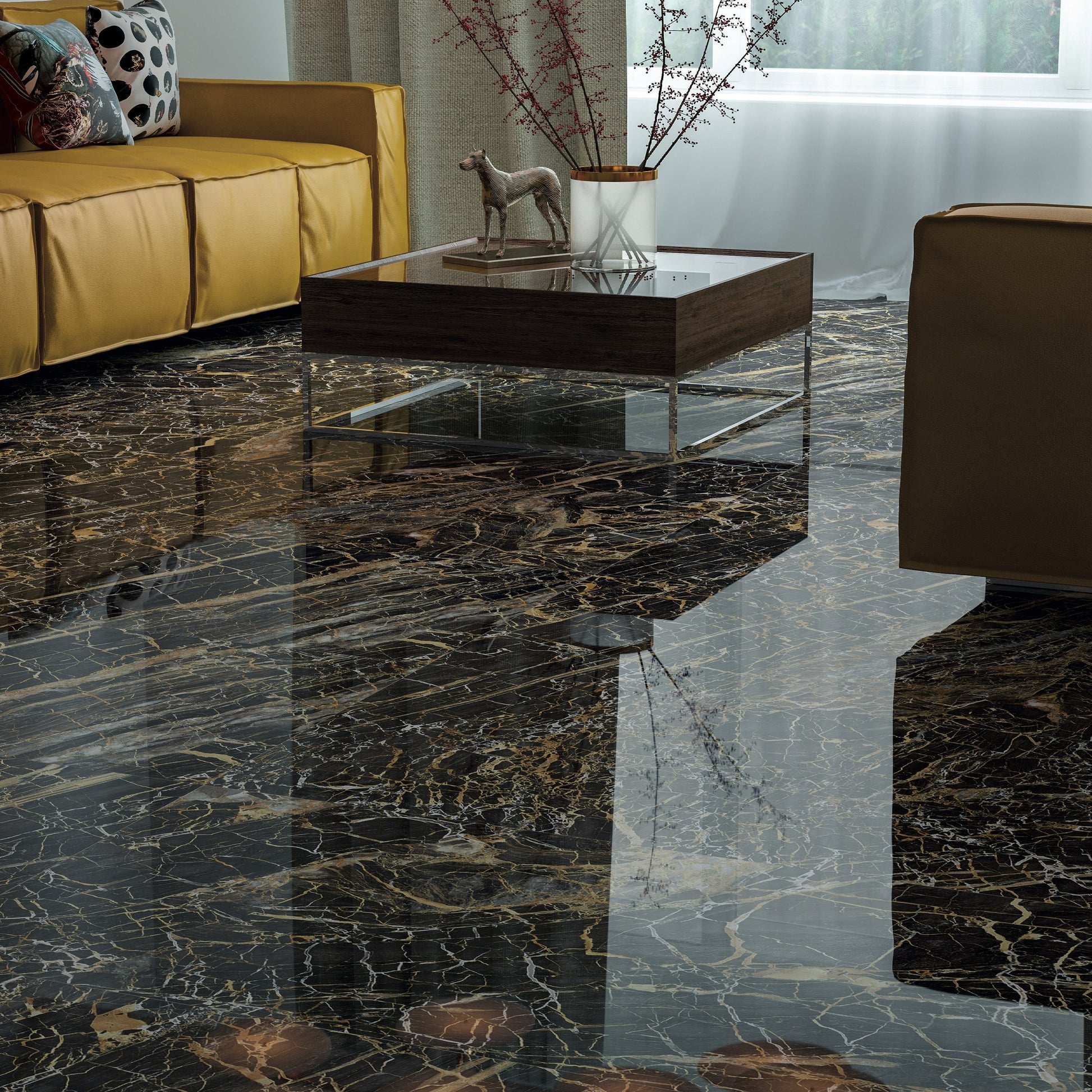 Moderní kuchyně s jídelnou v rodinném domě – porcelánová mramorová dlažba Golden Black na podlaze