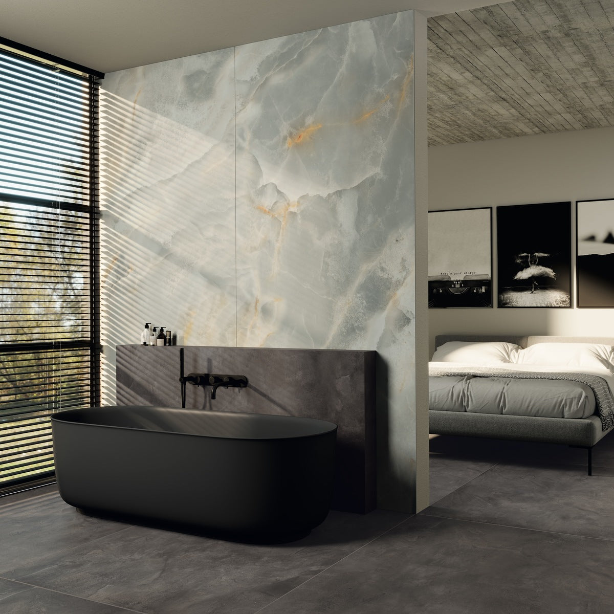 Moderní koupelna s dlažbou Jewel Opale ve světlém luxusním designu