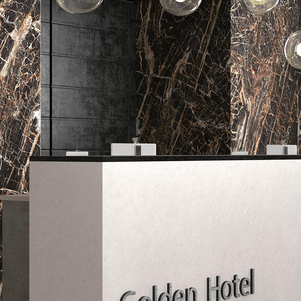 Reprezentativní vstupní hala s velkoformátovou černou dlažbou Golden Black v moderním hotelu
