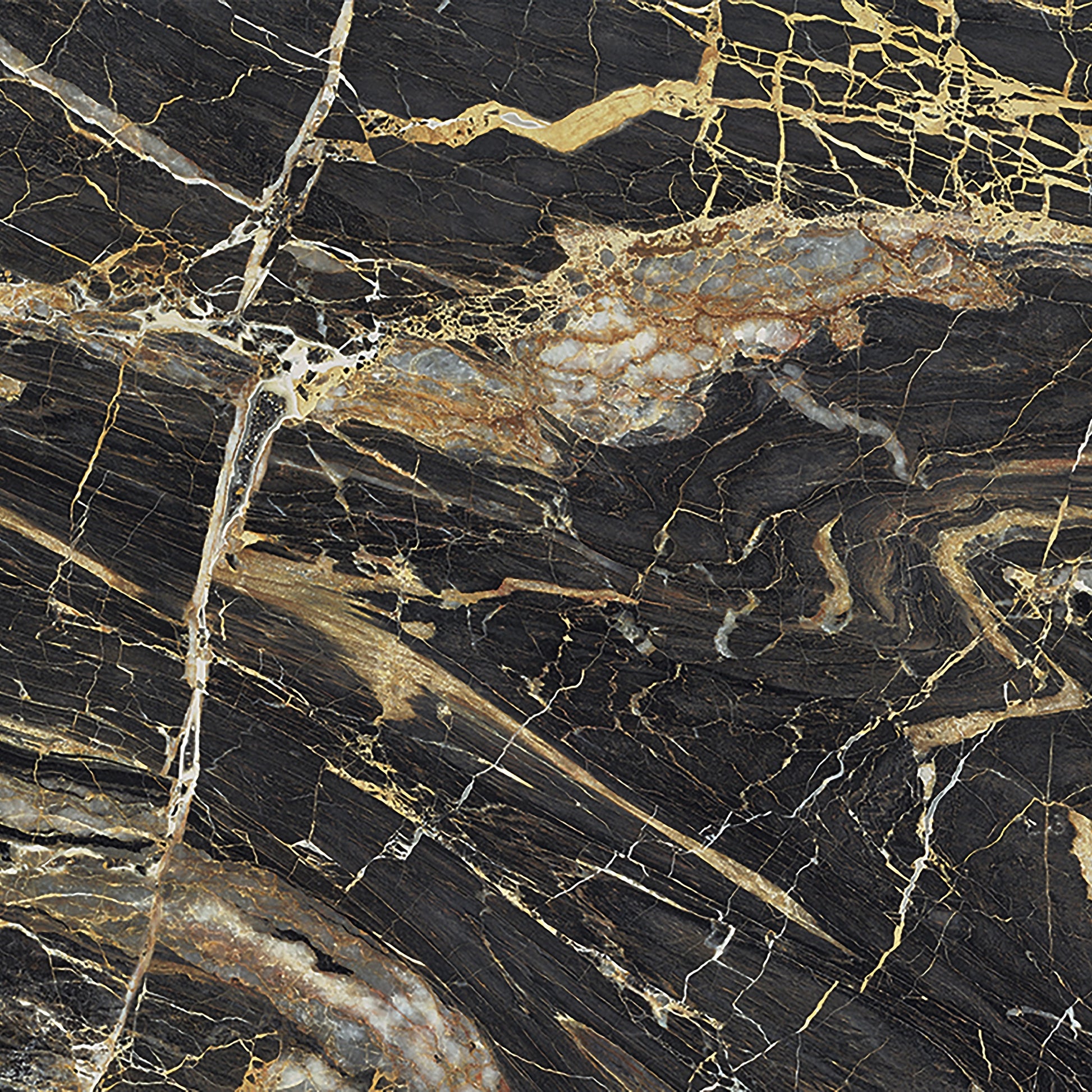 Detail designu dlažby Golden Black – černý základ, zlaté žilkování, velkoformátová luxusní dlažba do moderních interiérů
