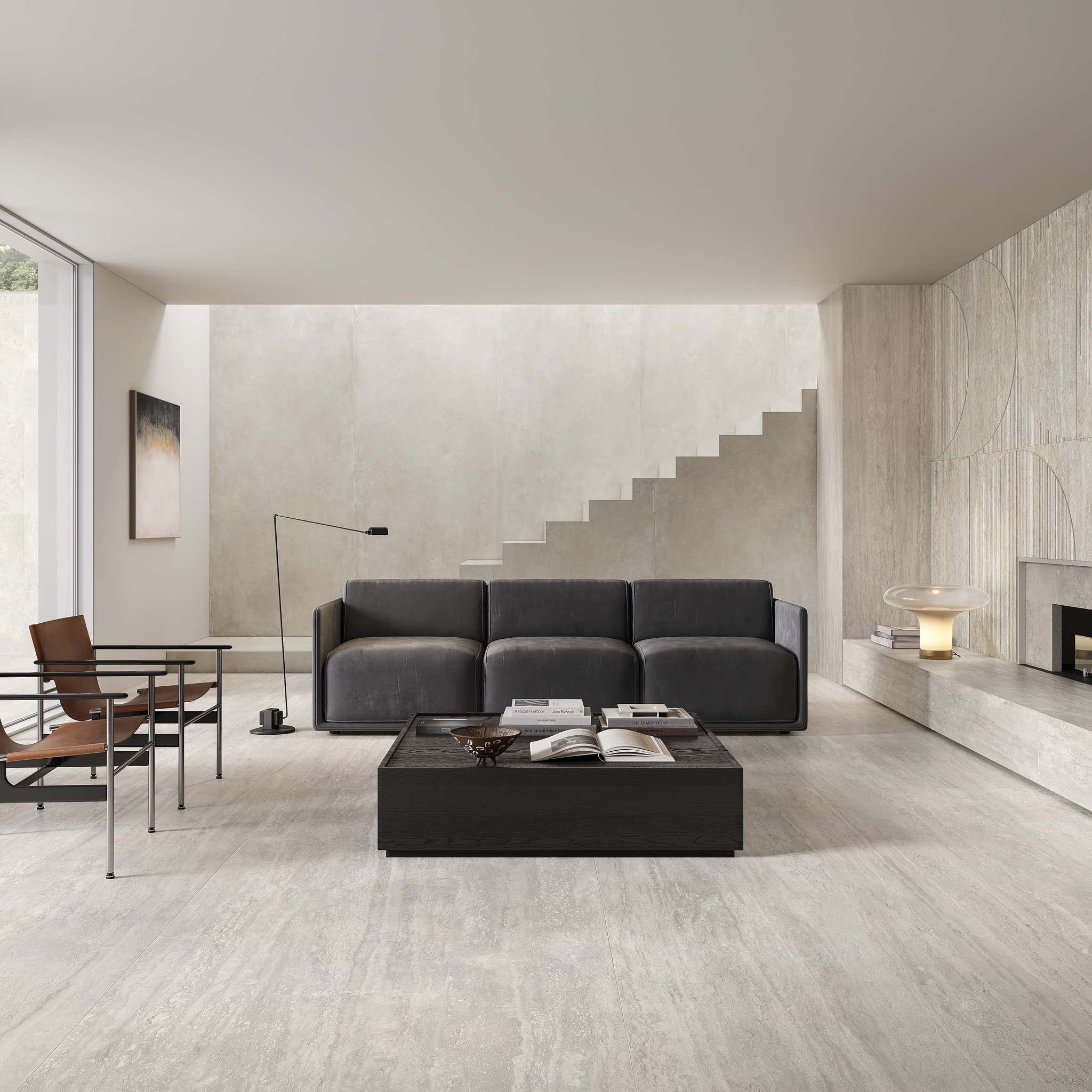 Obývací pokoj – velkoformát Grigio Vein Cut 120×280 na podlaze