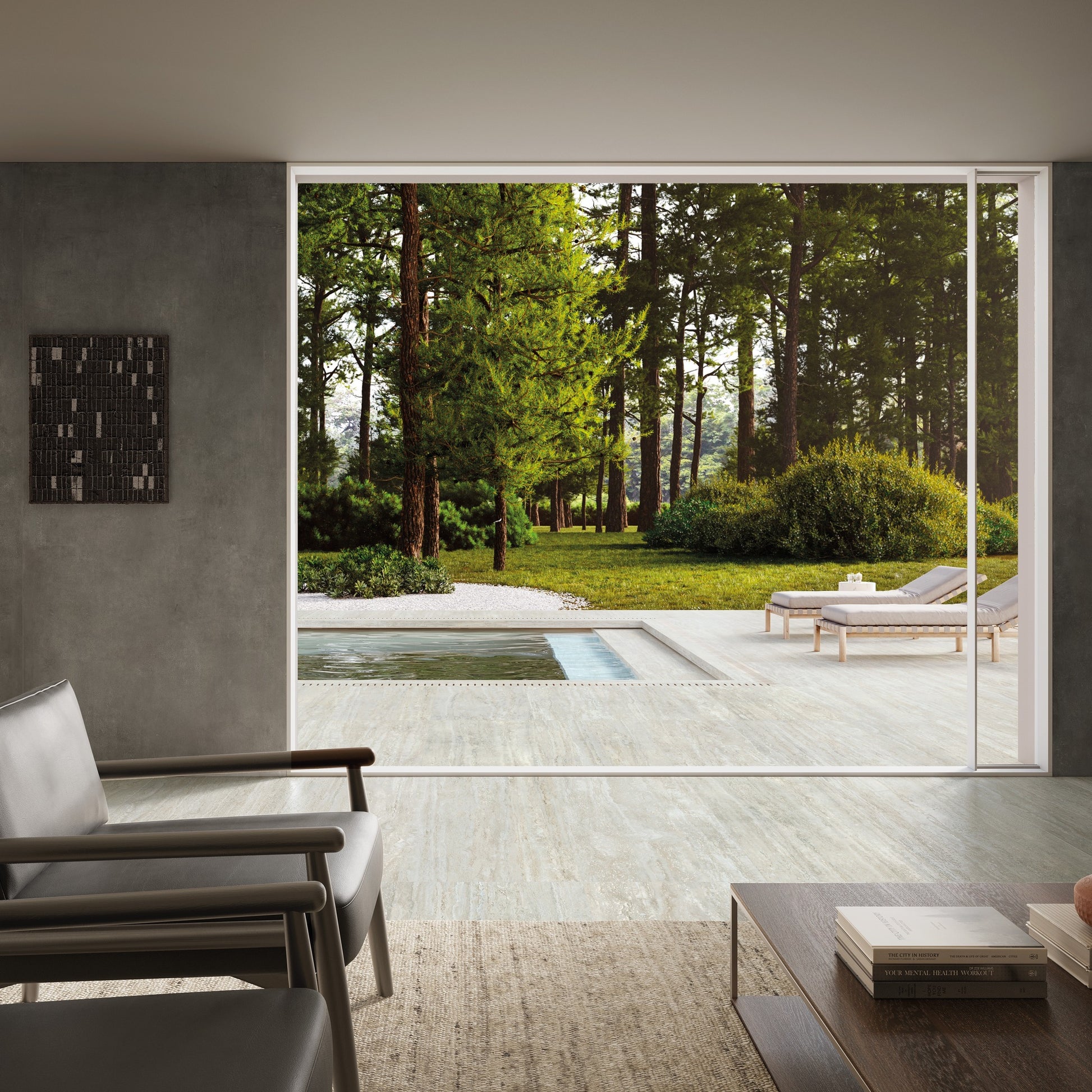 Pohled na sluneční terasu a bazén – velkoformát travertin Grigio Cross Cut 60×120