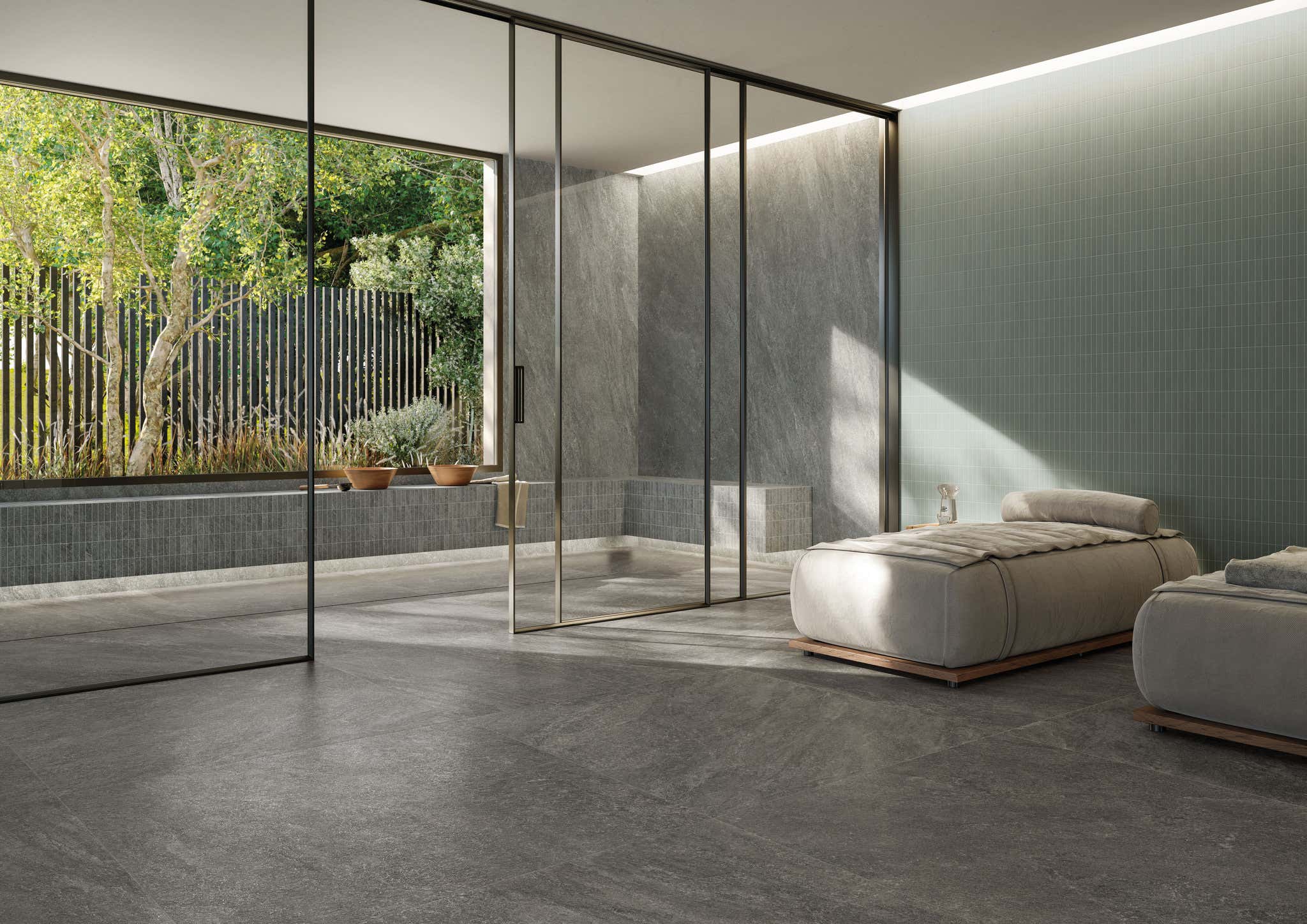 Velkoformátová dlažba Origins Dark – luxusní wellness a spa