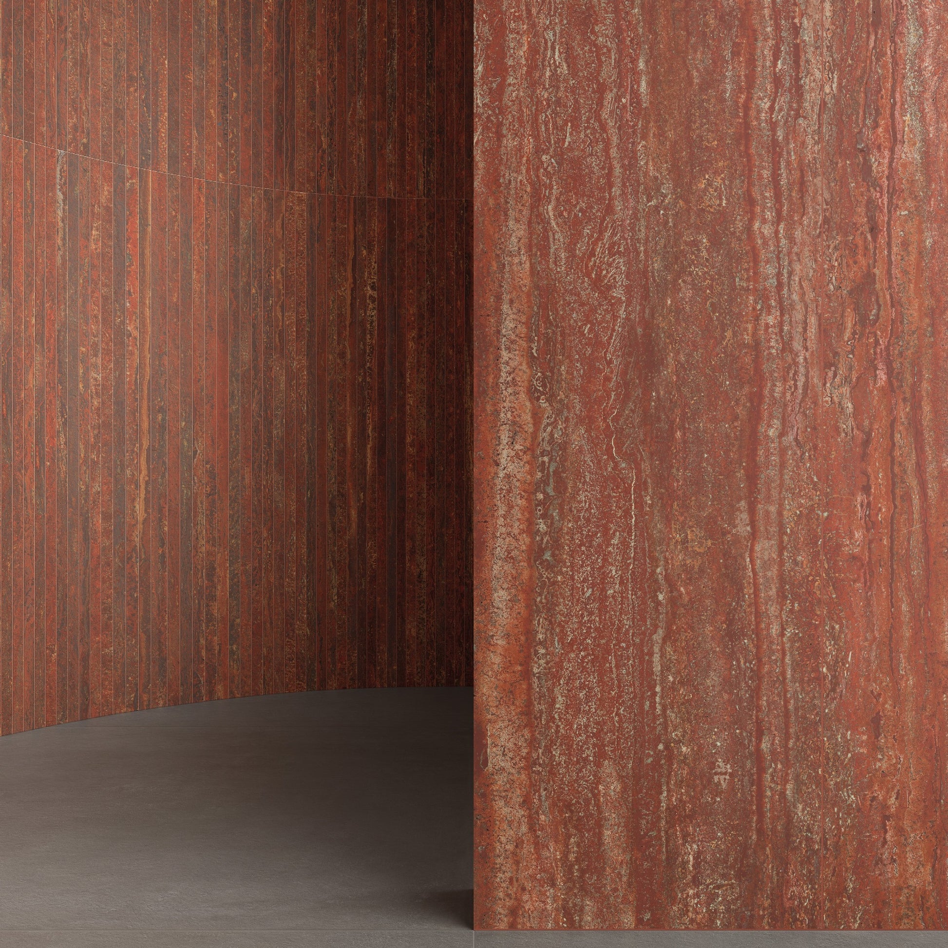 Tdlažba travertini Rosso Vein Cut 60×120 – detail červené páskové kresby