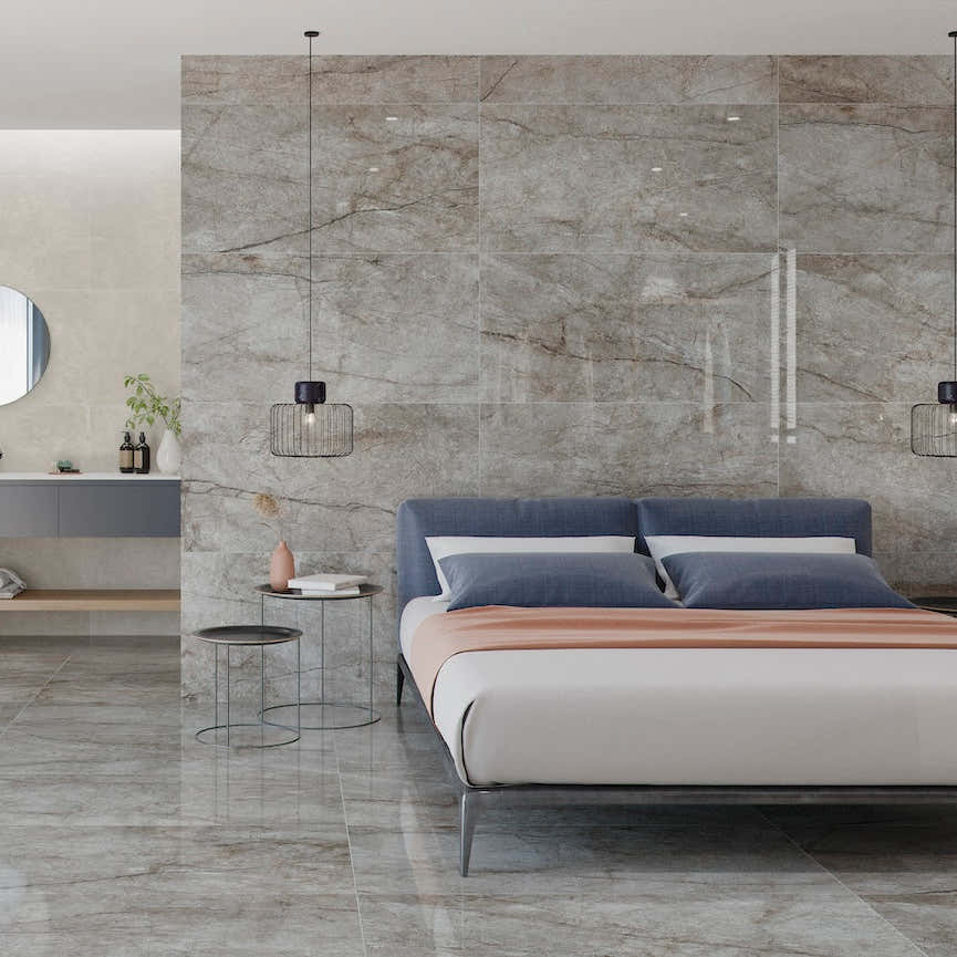 Porcelánová keramická dlažba s vysokým leskem v ložnici s moderním interierem od dlažby.net
