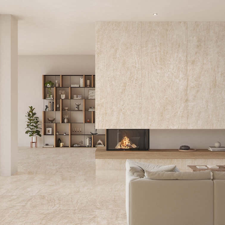 Béžová kamenná dlažba do obývacího pokoje s realistickou kresbou přírodního kamene od dlazby.net