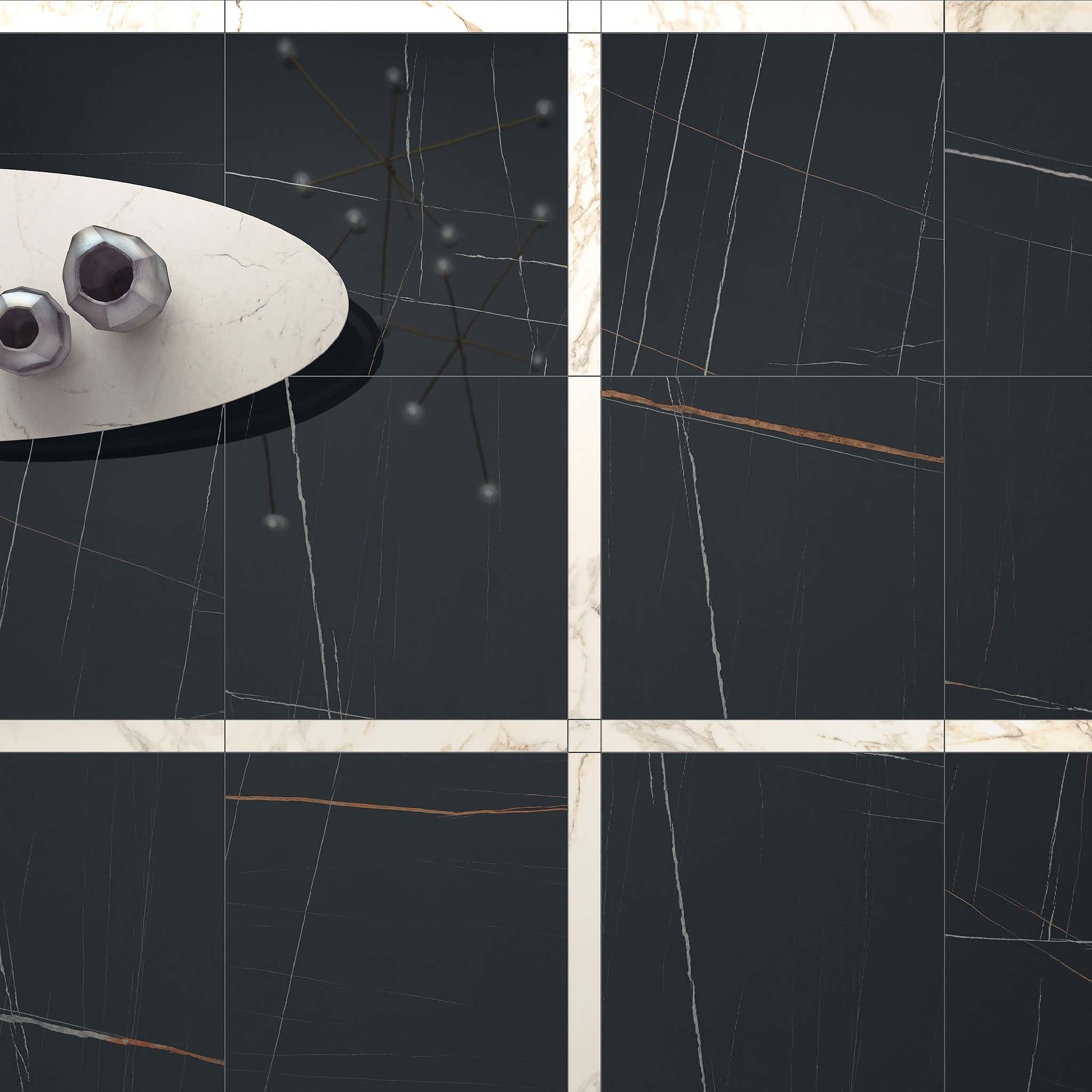 Luxusní mramorová dlažba Sahara Noir – porcelán do moderní koupelny