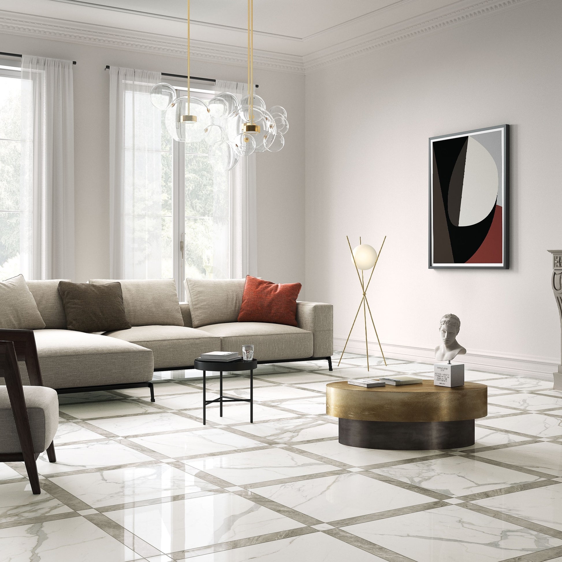 Mramorová dlažba Statuario – luxusní obývací pokoj s porcelánovou podlahou