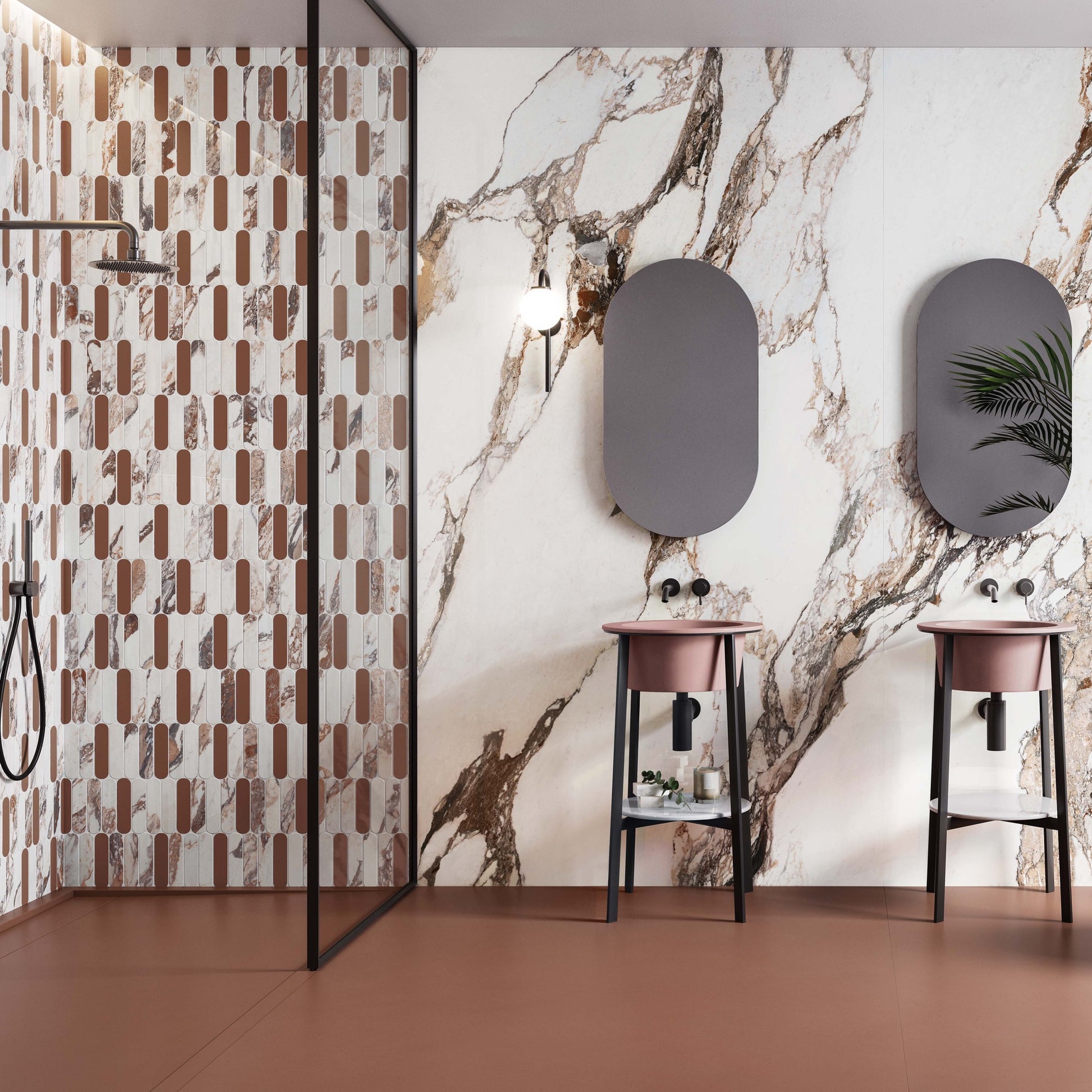 Lesklý obklad Calacatta Pink lappato – noblesní efekt do interiéru