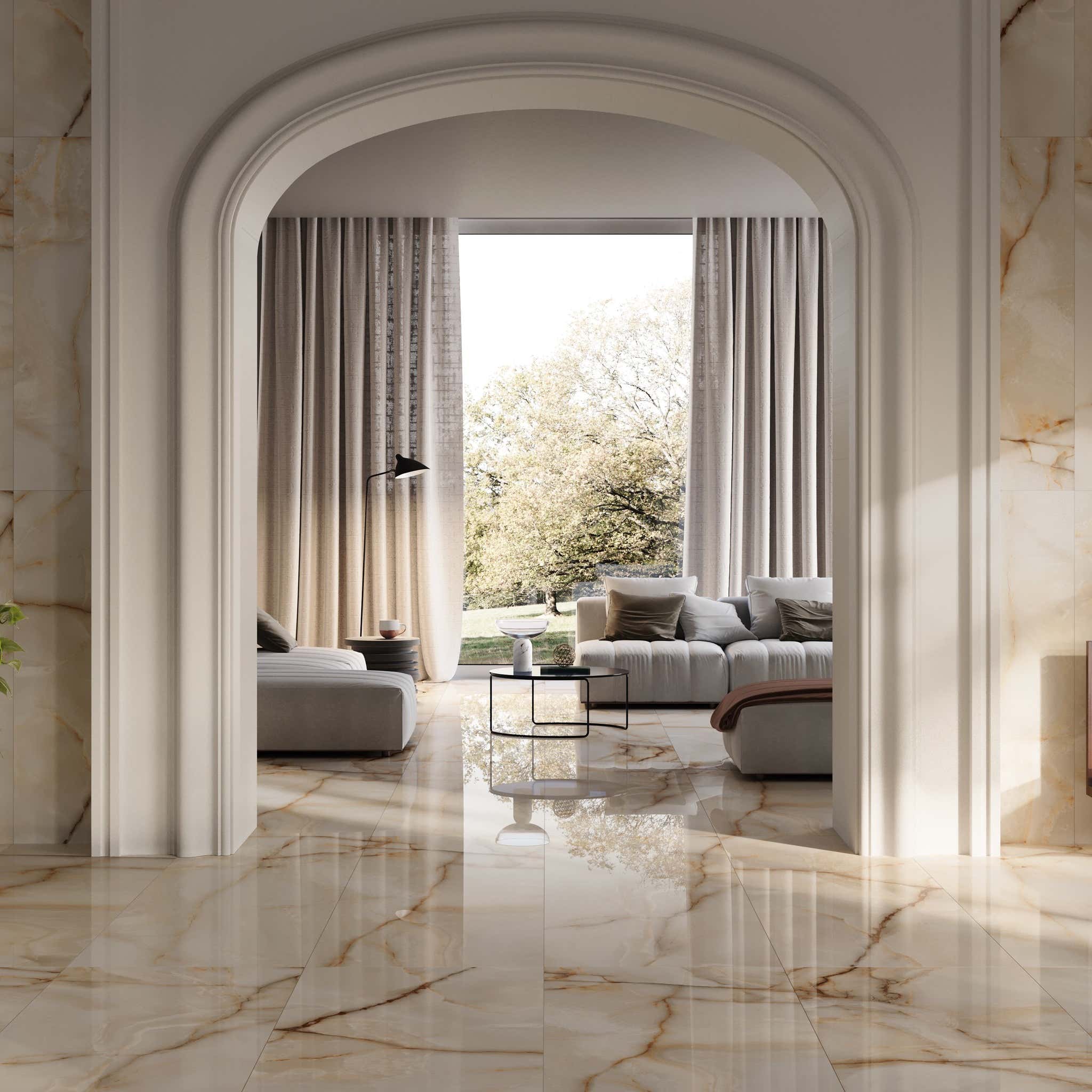 Luxusní obývák- leštěná porcelánová dlažba a obklad 60×120 cm od dlažby.net