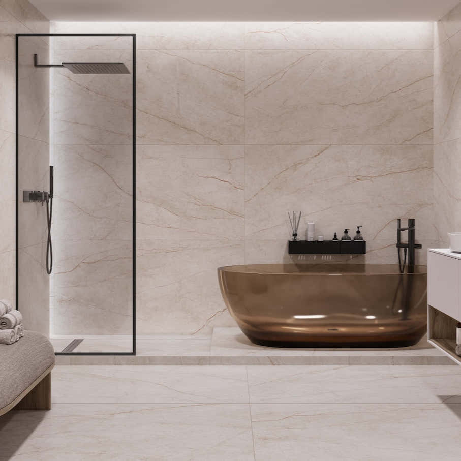 Moderní koupelna s keramickou-porcelánovou dlažbou a černými doplňky od dlažby.net