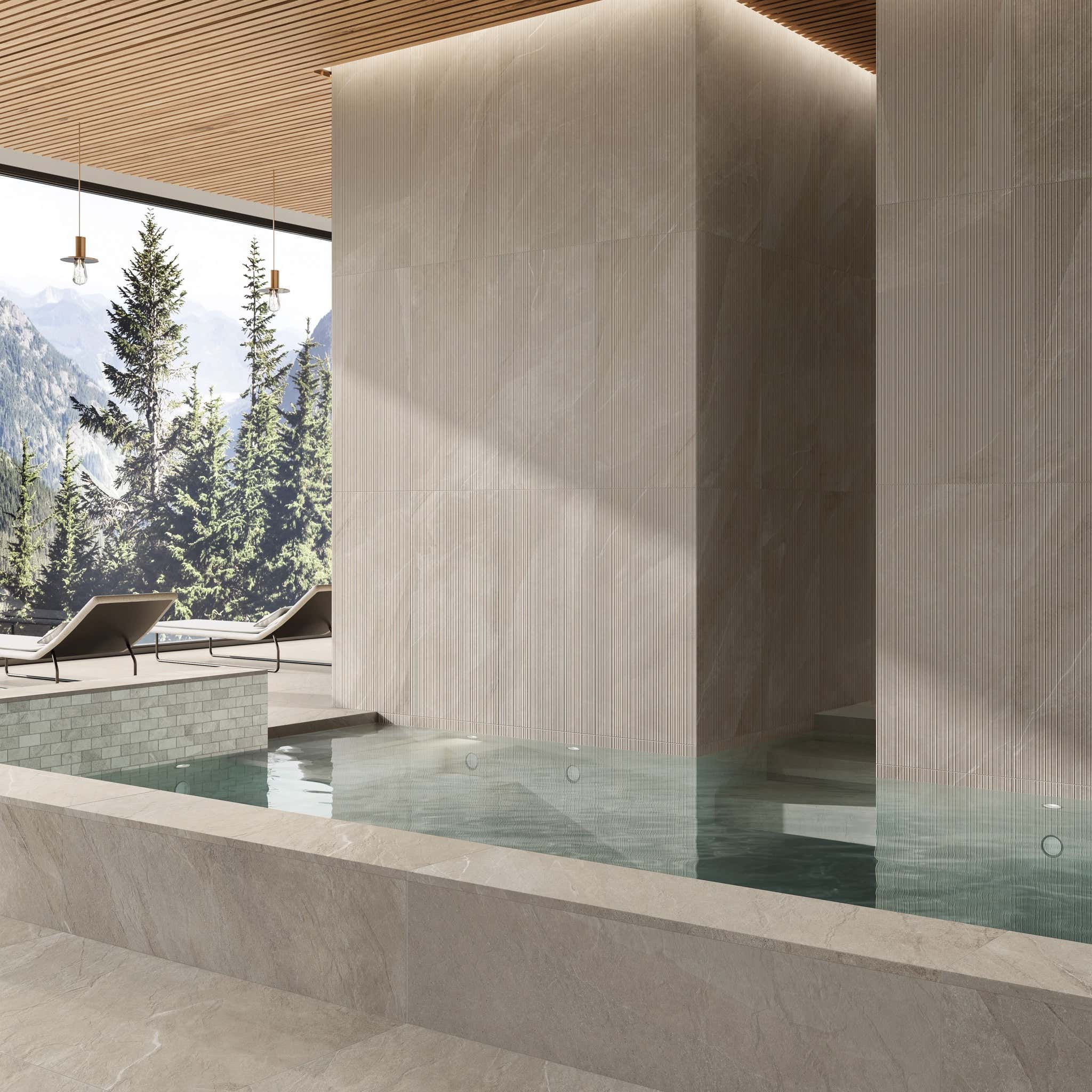 Wellness a spa exteriér – porcelánová dlažba Shale Sand v přírodním pískovém odstínu od dlažby.net