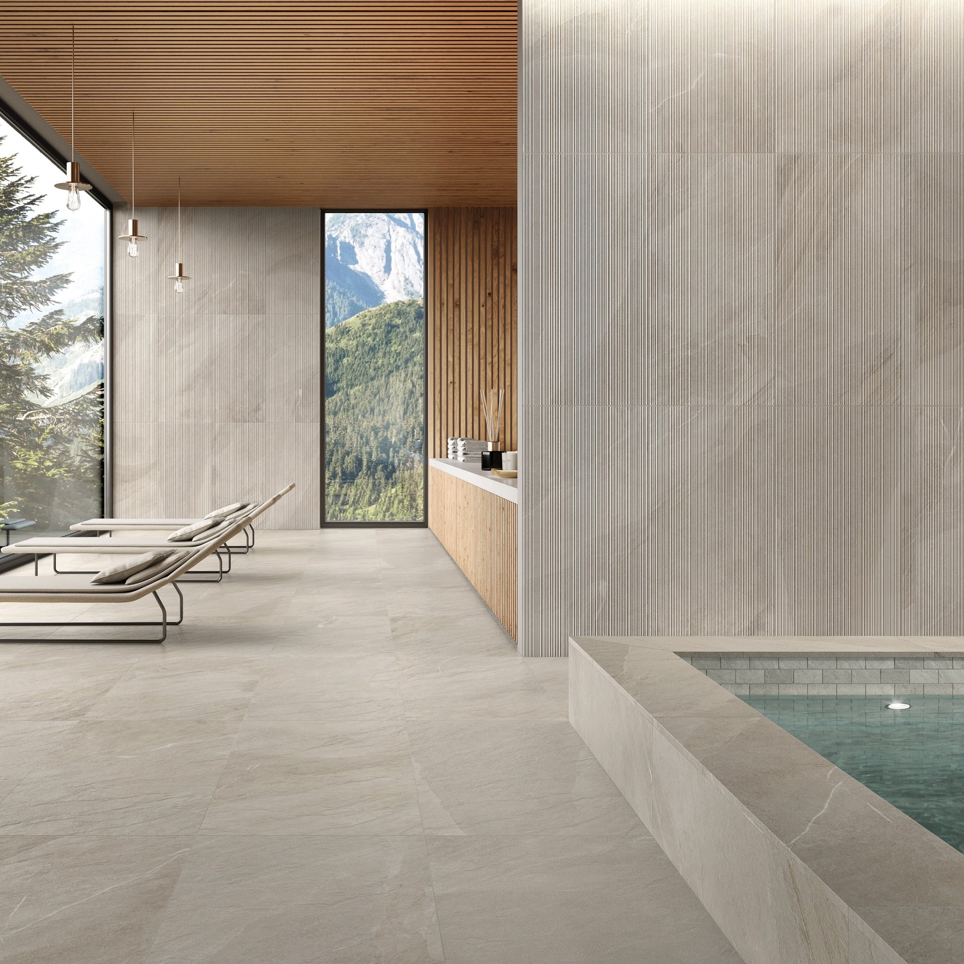 Shale Sand 20 mm – venkovní porcelánová dlažba v pískovém odstínu ve wellness