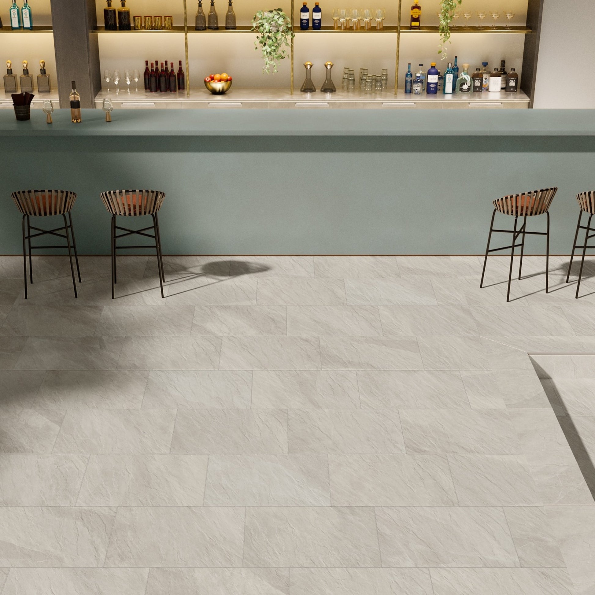 Shale White 20 mm – elegantní bar s moderní porcelánovou dlažbou