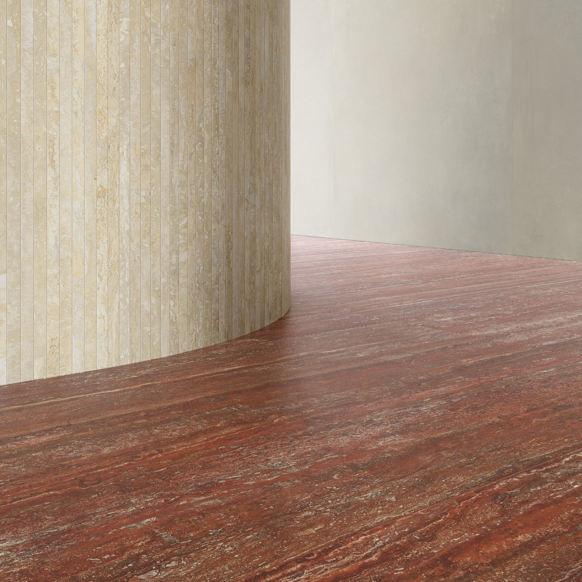 porcelánová podlaha s designem travertinu rosso a na zdi travertin beige