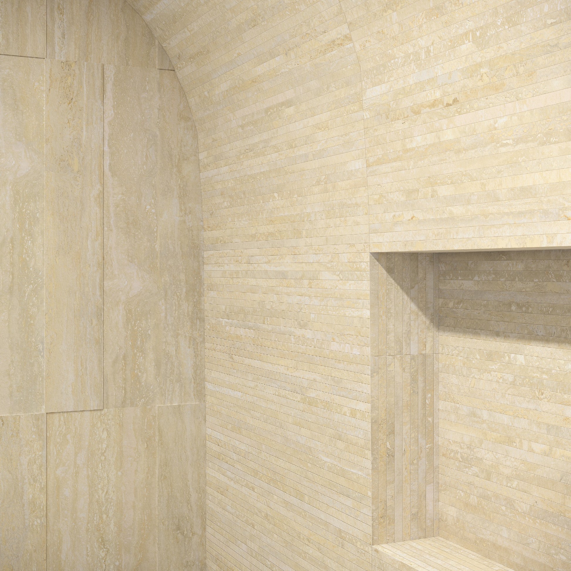 Koupelna – Beige Vein Cut na stěně, mozaika Beige 30×30 ve sprše
